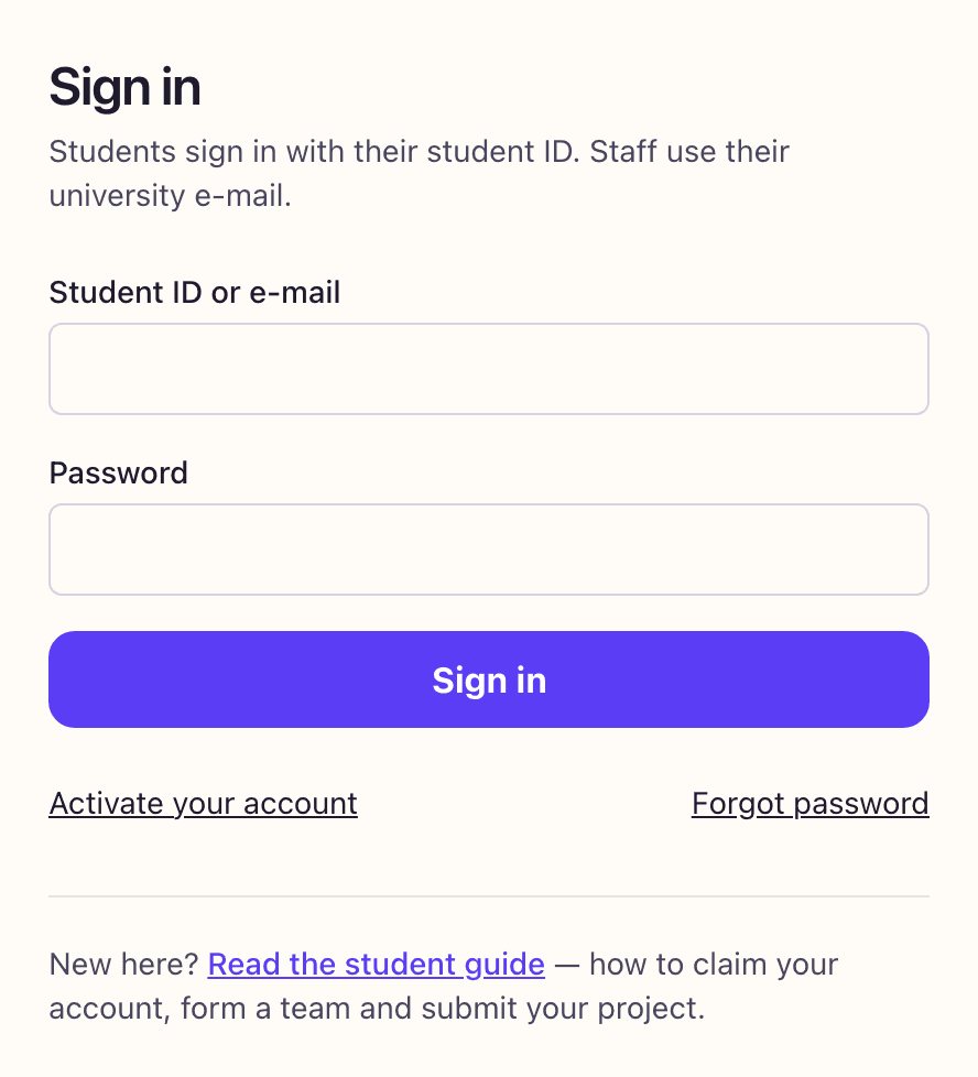 The sign-in page, with fields for student ID or e-mail and a password.