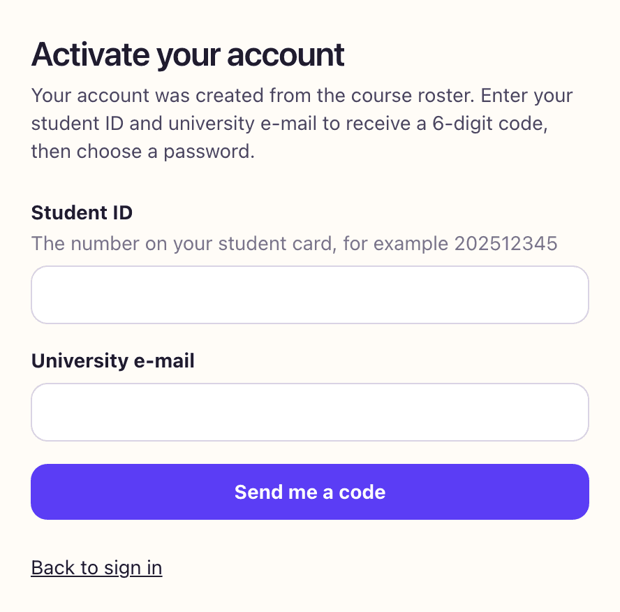 The activation page, with empty fields for student ID and university e-mail.
