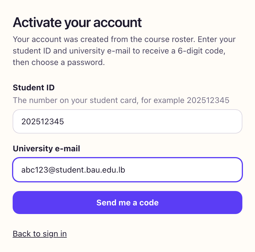 The same form filled in with an example student ID and university e-mail address.