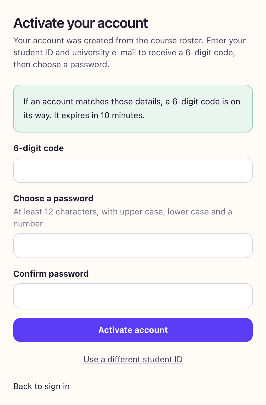 The second activation step, asking for the 6-digit code and a new password twice.