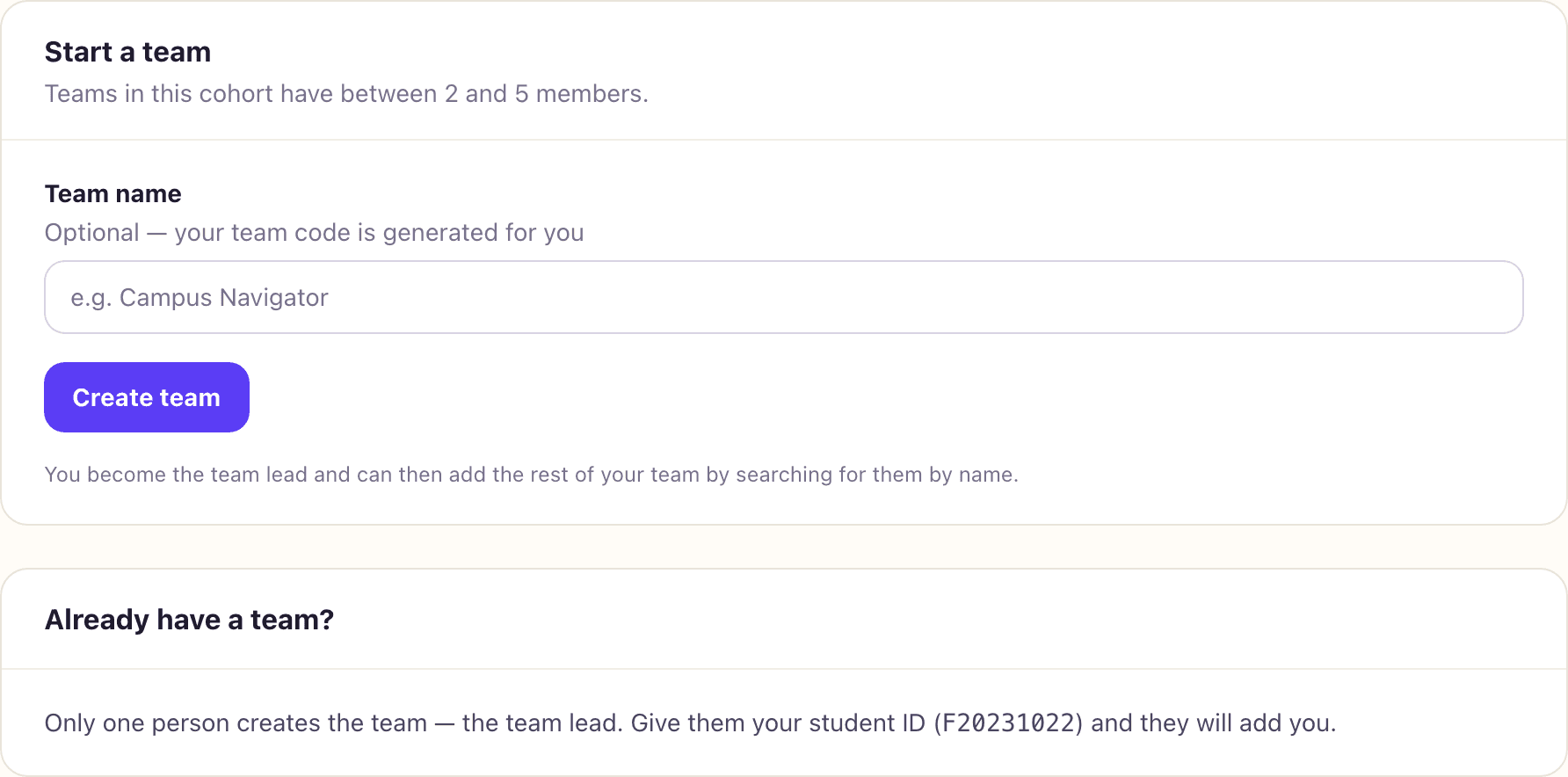 The student page with no team, showing a Start a team card and an Already have a team card.
