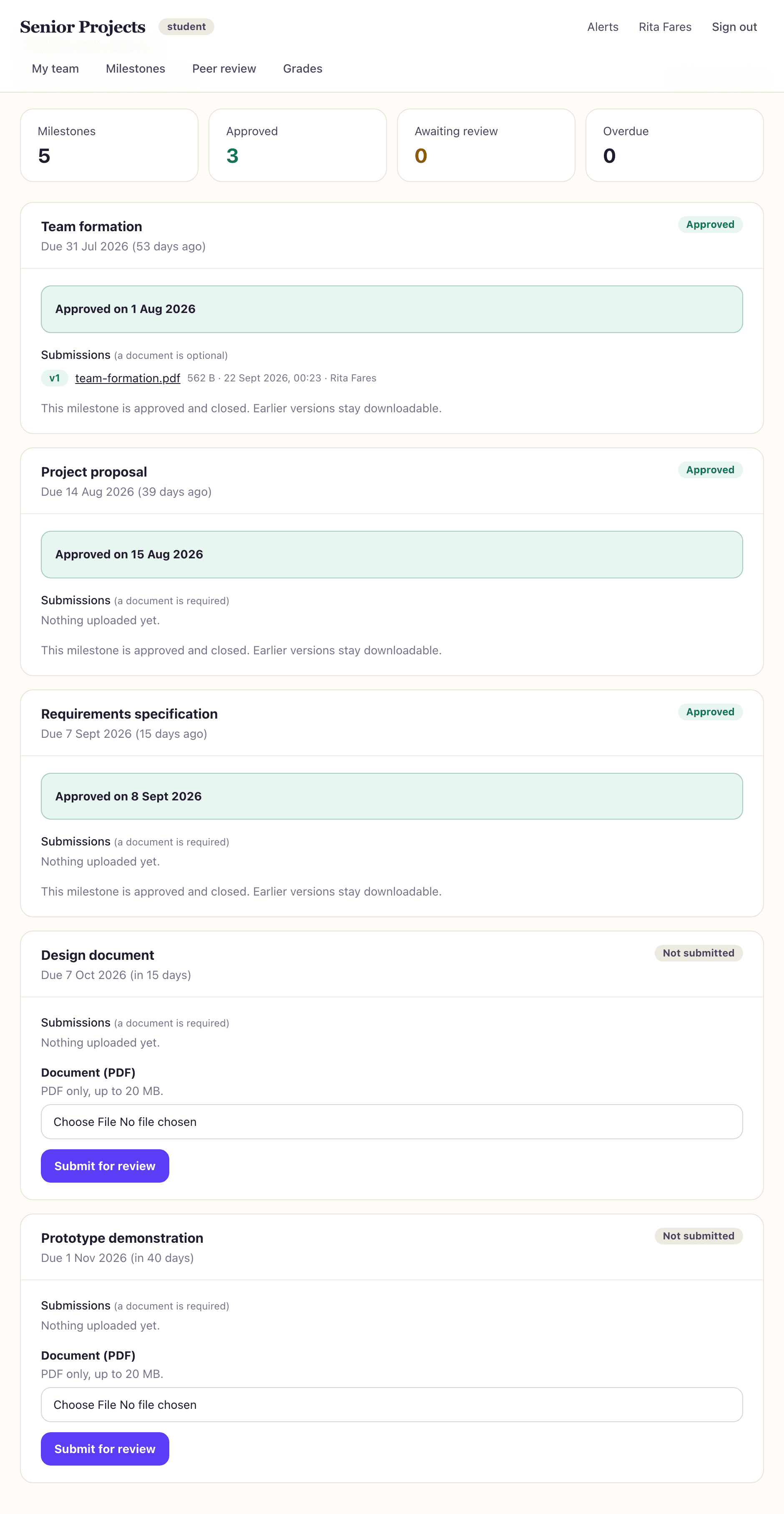 The milestones page listing deliverables with their due dates and status.